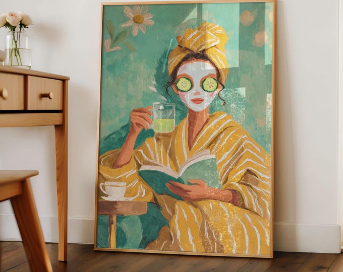 Spa Girl Oil Painting Print, Cucumber Face Wall Art, Self Care Bathroom Decor, Yellow Daisy Artwork, Aesthetic Woman Portrait Print