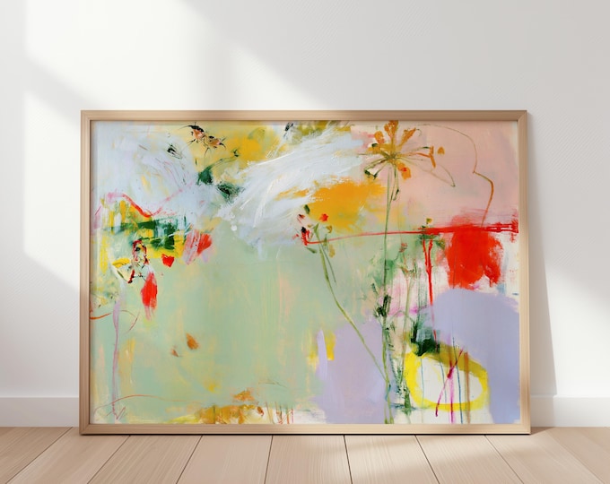 Green Abstract Wall Art Print, Colorful Botanical Painting, Modern Contemporary Art Print, Large Spring Floral Canvas, Living Room Decor