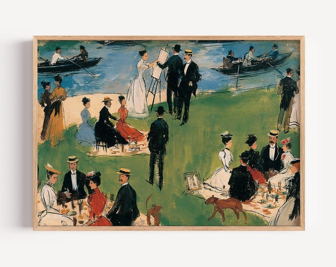 Vintage River Picnic Wall Art, Impressionist Garden Party Painting, Elegant Lakeside Gathering Print, French Country Decor