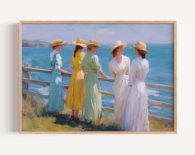 Vintage Coastal Impressionist Wall Art Print, Women by the Sea Framed Wall Art, Ocean View Canvas Decor, Sisterhood Beach Painting