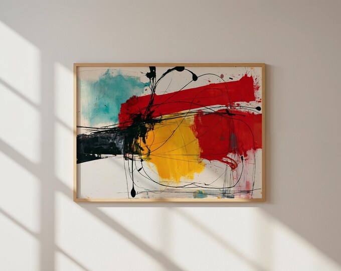 Abstract Wall Art Print, Red Yellow Abstract Painting, Modern Expressionist Art, Contemporary Wall Decor, Mid Century Modern Art