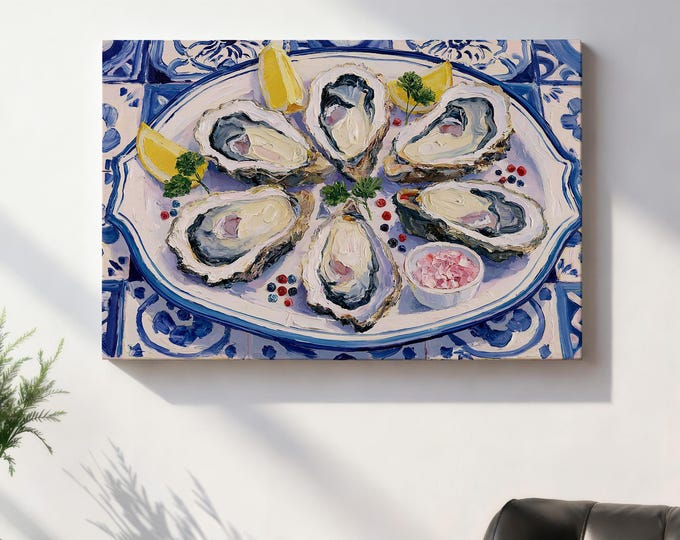 Blue White Oyster Wall Art Print, Coastal Kitchen Decor, French Seafood Painting, Mediterranean Dining Room Art, Oyster Oil Canvas