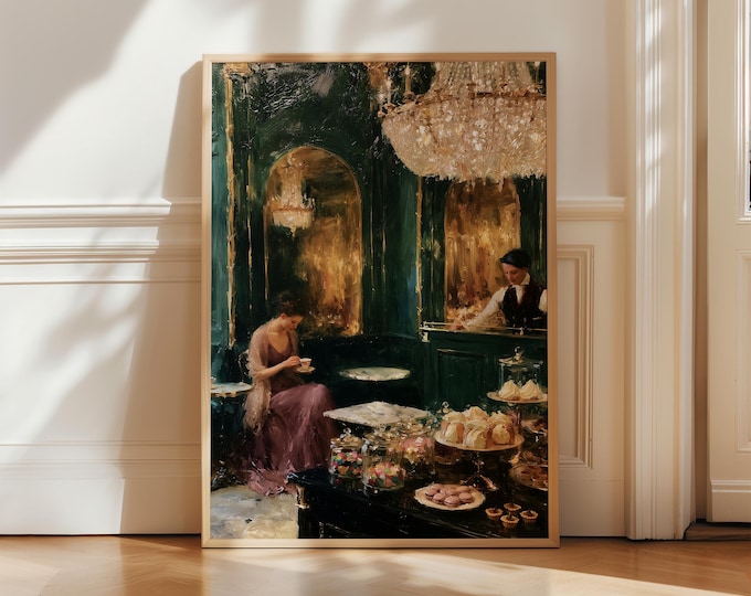 Luxury Paris Café Wall Art Print, Elegant Tea Room Canvas, French Patisserie Painting, Old Money Decor, Coffee Bar Wall Art
