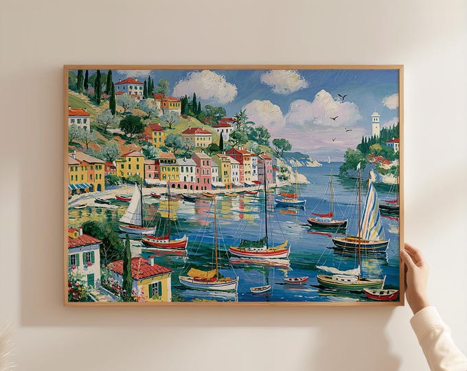 Mediterranean Harbor Wall Art Print, Coastal Village Canvas Print, Colorful Sailboat Seascape, Lighthouse Landscape, Nautical Home Decor