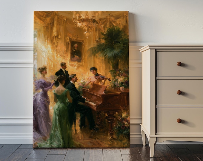Elegant Piano Concert Wall Art Print, French Salon Painting, Classical Music Room Decor, Vintage European Interior Canvas Art