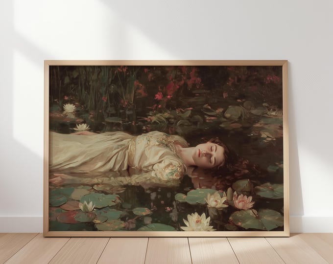 Woman Floating in Water Lily Pond Oil Painting Wall Art, Ophelia Inspired Dark Academia Print, Ethereal Floral Art, Moody Romantic Decor