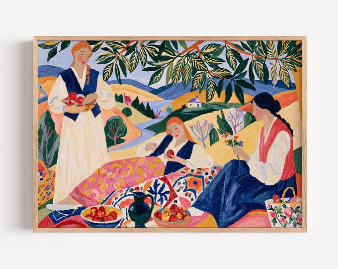 Woman Under Tree Painting Print,Wall Art Print, Apple Orchard Art, Mediterranean Countryside Decor, Vintage Folk Art, Cottagecore Canvas