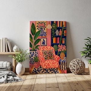 Maximalist Pink Room Oil Painting Print, Colorful Interior Wall Art, Eclectic Preppy Decor, Cozy Reading Nook Framed Canvas image 4