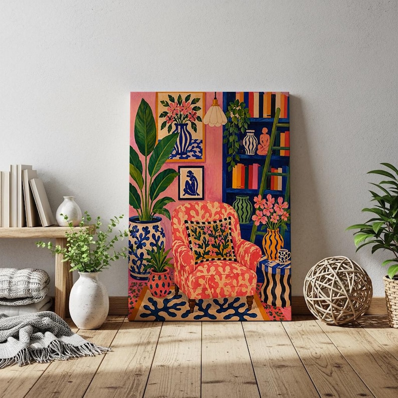 Maximalist Pink Room Oil Painting Print, Colorful Interior Wall Art, Eclectic Preppy Decor, Cozy Reading Nook Framed Canvas image 4