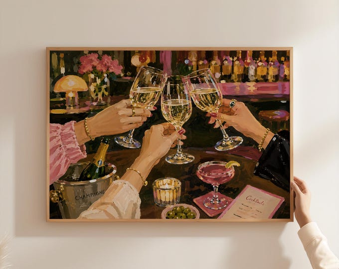 Girls Night Wall Art Print, Champagne Cheers Painting, Cocktail Bar Decor, Luxury Fashion Illustration, Best Friends Celebration Art