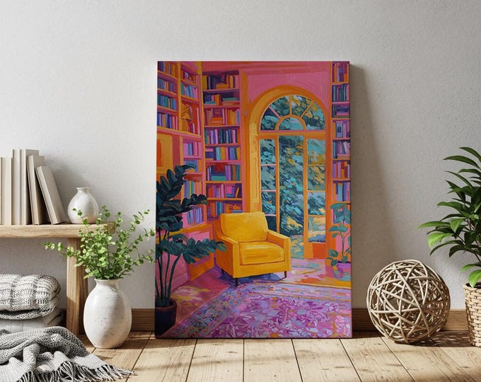 Impressionist Bookshelf Art, Textured Impasto Print, Sunlit Room with Plant Canvas, Colorful Eclectic Decor, Cozy Interior Wall Art