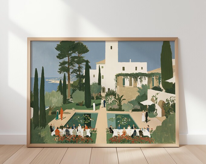 Mediterranean Villa Wall Art Print, Italian Coastal Landscape, Amalfi Coast Canvas, Old Money Decor, European Garden Painting