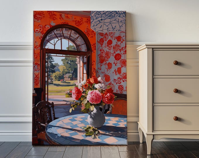 Maximalist Red Room Window View Oil Painting Print, French Country Interior Art, Colorful Preppy Decor, Framed Canvas