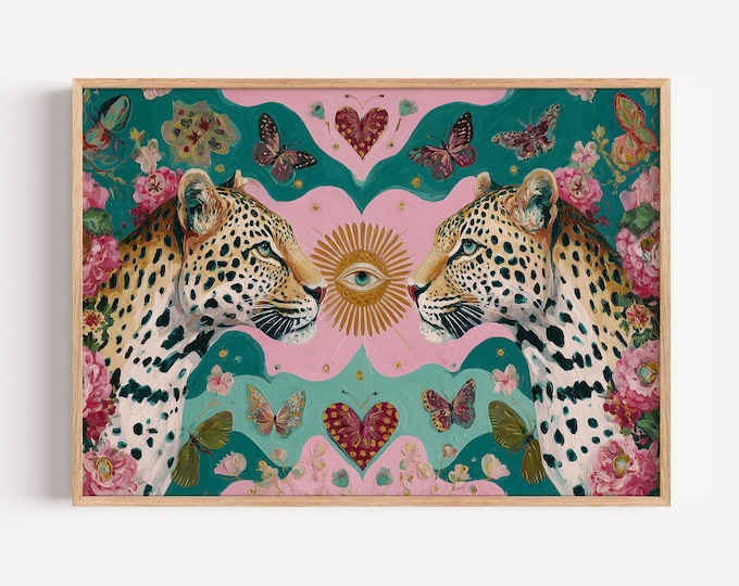 Maximalist Leopard Wall Art Print, Surreal Folk Art Oil Painting Print, Mystical Cosmic Eye & Sacred Heart Decor, Botanical Butterfly Decor