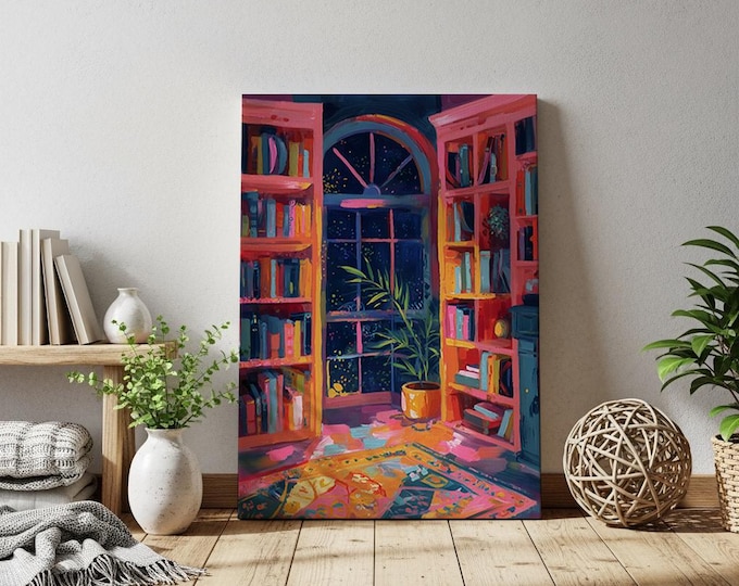Impressionist Bookshelf Art, Textured Impasto Print, Sunlit Room with Plant Canvas, Colorful Eclectic Decor, Cozy Interior Wall Art