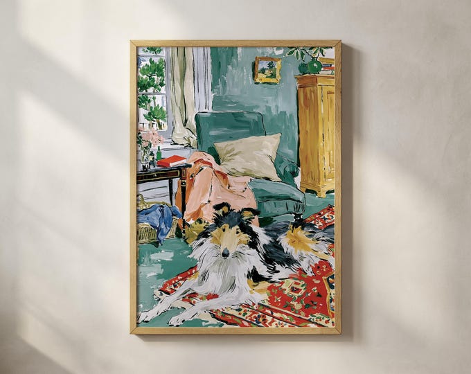 Collie Dog Wall Art Print, Cozy Cottage Living Room Painting, Vintage Home Decor, Floral Interior Canvas, Pet Lover Gift