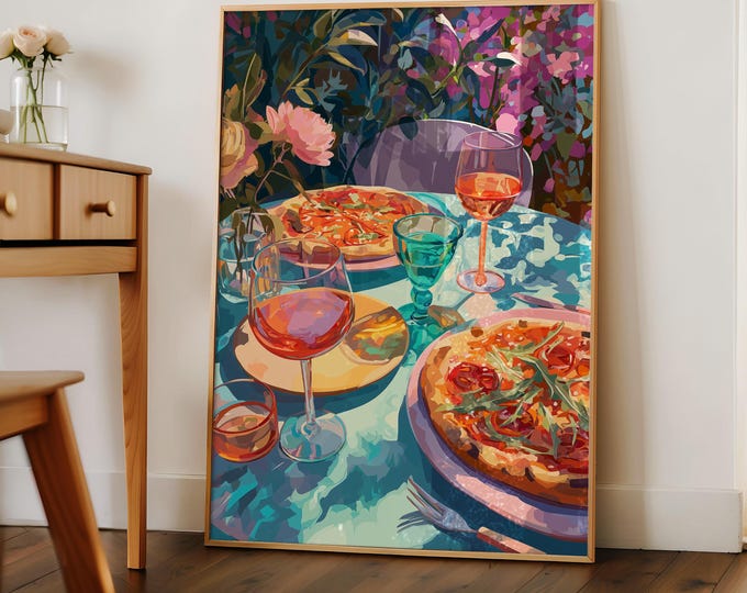 Pizza Pasta Oil Painting Print, Maximalist Kitchen Wall Art, Italian Dinner Print, Colorful Floral Garden Table Decor, Gift for Pizza Lover