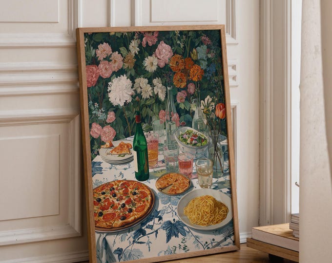 Pizza Pasta Oil Painting Print, Maximalist Kitchen Wall Art, Italian Dinner Print, Colorful Floral Garden Table Decor, Gift for Pizza Lover