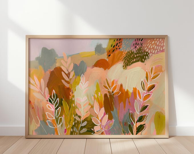Colorful Abstract Botanical Wall Art Print, Maximalist Eclectic Decor, Vibrant Tropical Jungle Painting, Leopard Print Contemporary Art