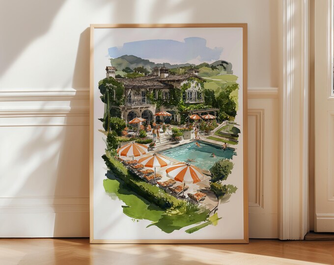 Tuscan Resort Pool Wall Art, Mediterranean Villa Painting, Luxury Summer Vacation Decor, Italian Landscape Art Print