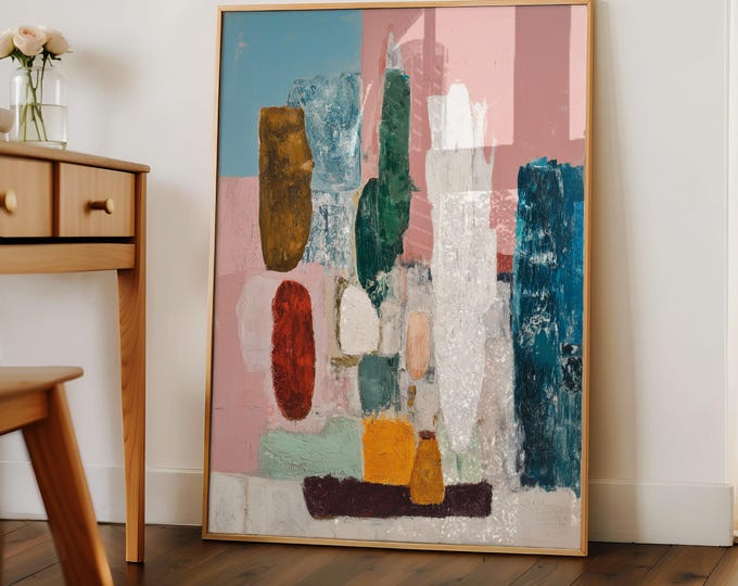 Modern Abstract Pastel Pink Wall Art, Colorful Organic Shapes Print, Large Textured Contemporary Painting, Mid Century Gallery Wall Decor