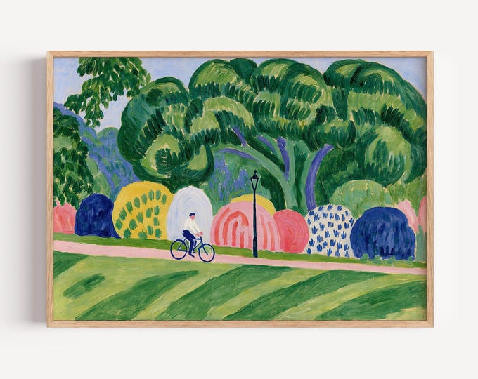 Whimsical Landscape Wall Art Print, Colorful Park Painting, Bicycle Art, Folk Art Landscape, Cottagecore Wall Decor, Nature Print