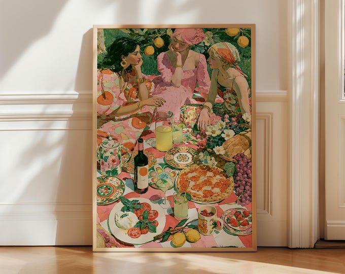 Best Friends Picnic Oil Painting Print, Mediterranean Food Wine Wall Art Print, Dolce Vita Artwork, Preppy Room Decor