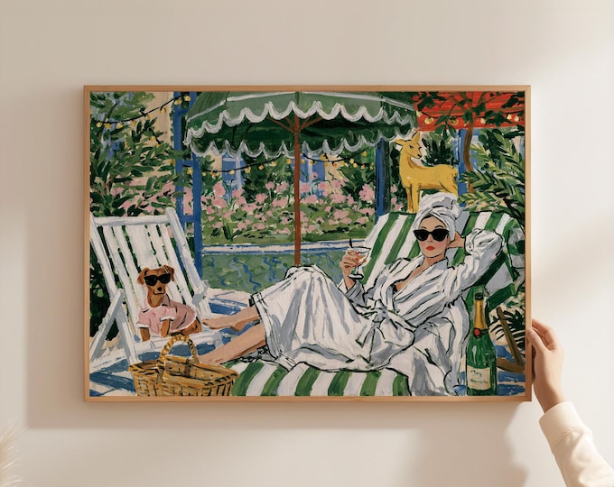 Poolside Fashion Wall Art Print, Chic Summer Resort Watercolor, Elegant Woman & Poodle Painting, Luxury Vacation Home Decor