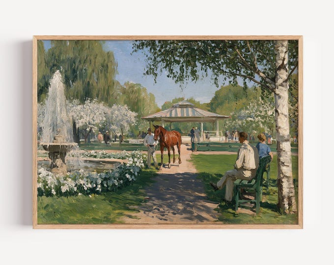 Park Fountain Wall Art Print, Sunlit Park With Horse And Pavilion, Couples On Benches By Birch Trees, Flowerbeds And Fountain Mist For Home