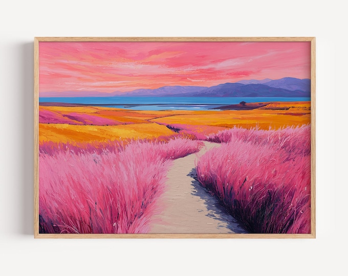 Vibrant Pink Landscape Wall Art Print, Impressionist Mountain Sunset Canvas, Colorful Field Path Framed Wall Art, Dreamy Nature Decor