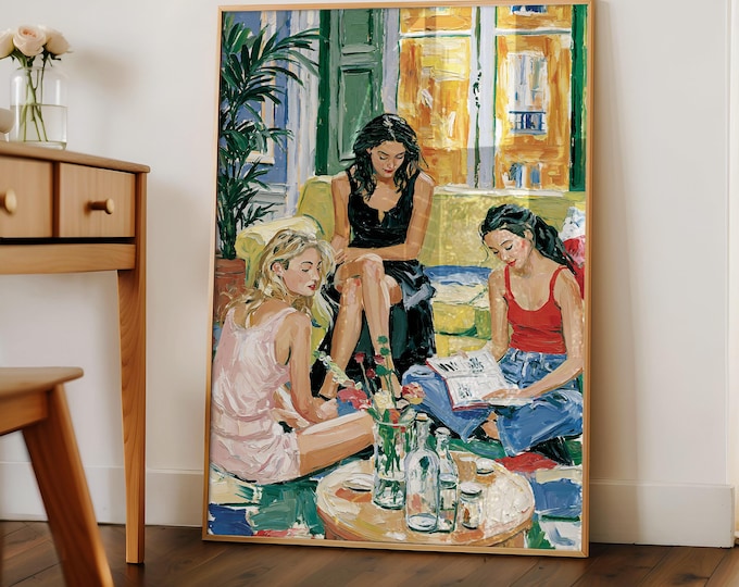 Vintage Reading Girls Wall Art Print, Cozy Book Club Canvas Print, Feminine Living Room Decor, Impressionist Fashion Painting, Literary  Art