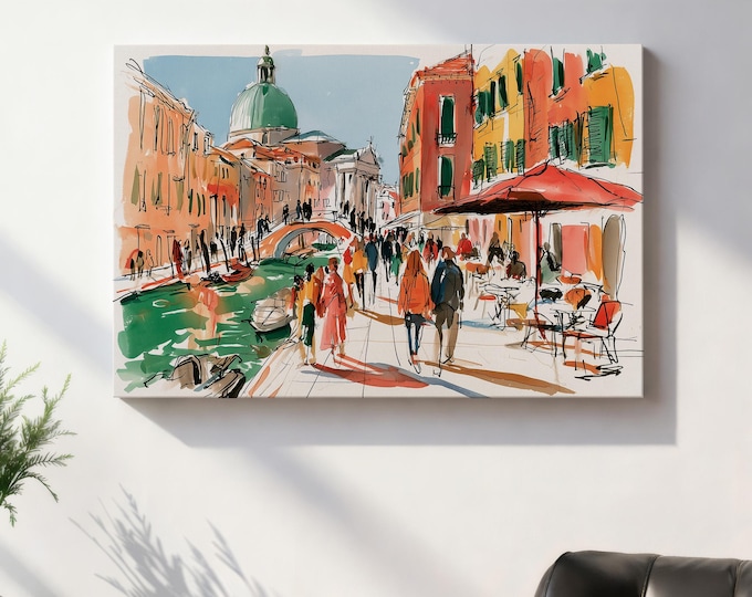 Venice Italy Wall Art Print, Colorful Canal Sketch, Venetian Street Painting, European Travel Decor, Mediterranean City Artwork