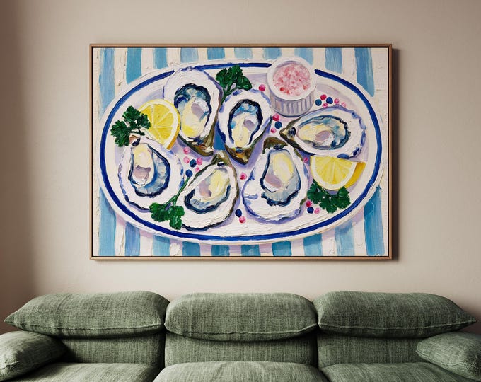 Oyster Wall Art Print, Coastal Kitchen Decor, Oyster Painting, Seafood Wall Art, French Bistro Canvas, Beach House Dining Room Decor