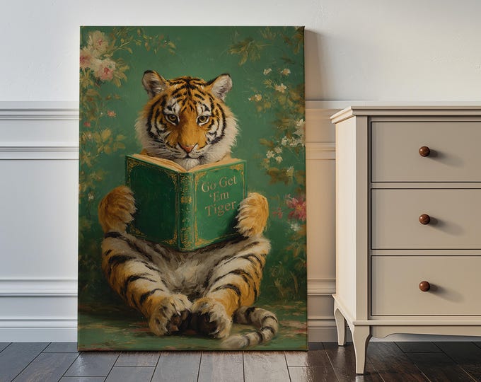 Tiger Reading Wall Art Print, Motivational Animal Wall Art, Funny Bookworm Decor, Library Office Study Wall Art, Vintage Tiger Art Gift