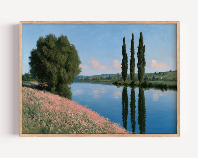 Lake Landscape Wall Art Print, Pink Wildflower Painting Print