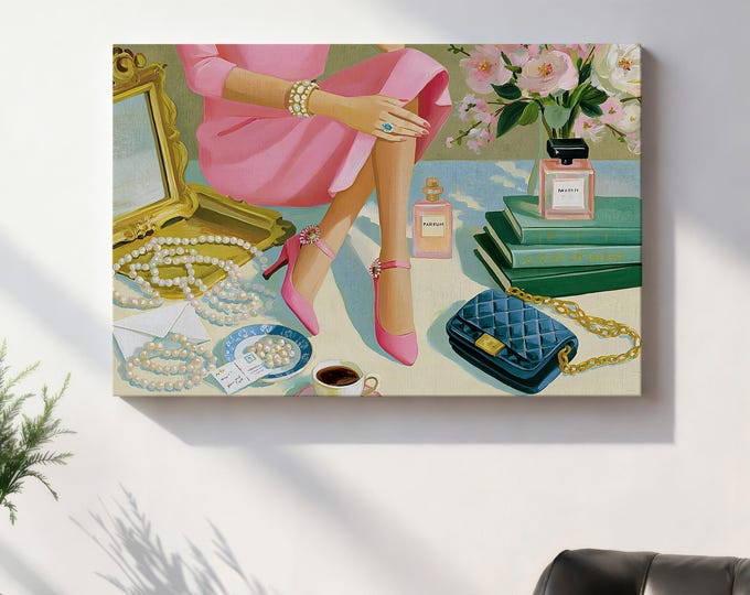 Preppy Wall Art Print, Chic Fashion Illustration, Pink Heels Painting, Feminine Room Decor, Coquette Aesthetic Art, Grandmillennial Decor