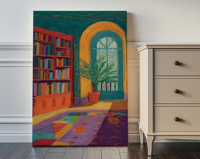 Impressionist Bookshelf Art, Textured Impasto Print, Sunlit Room with Plant Canvas, Colorful Eclectic Decor, Cozy Interior Wall Art