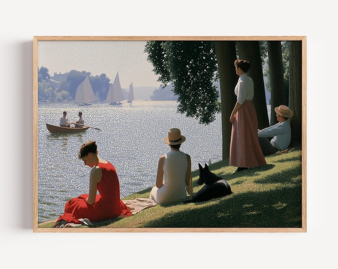Vintage Lakeside Park Wall Art Print, Pointillism Landscape Painting, Summer Lake Canvas, Impressionist Nature Wall Decor