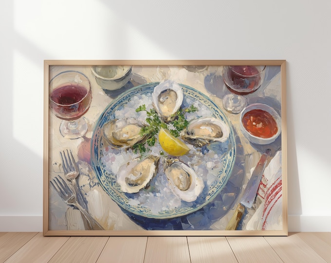 Impasto Oyster Plate Wall Art Print, Coastal Kitchen Seafood Canvas, Preppy Beach House Framed Wall Art, Summer Dining Room Decor