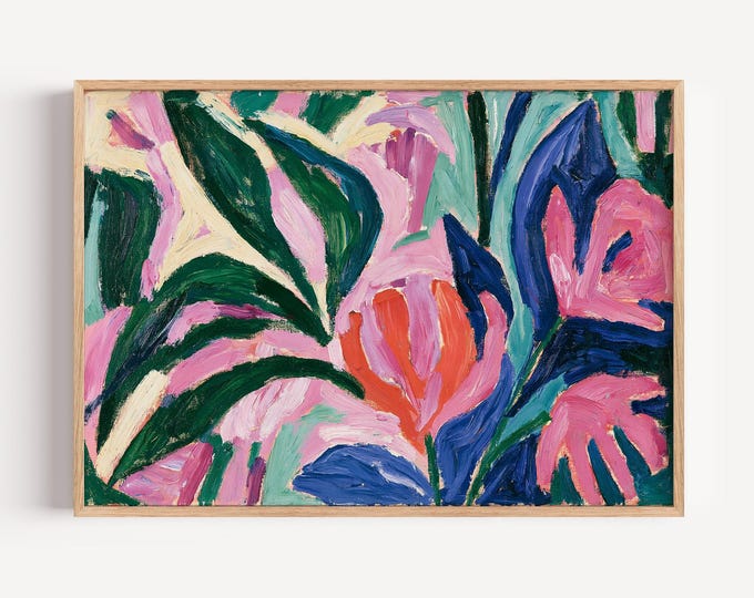 Colorful Abstract Floral Wall Art Print, Pink Green Blue Botanical Painting, Modern Flower Canvas Art, Large Living Room Decor