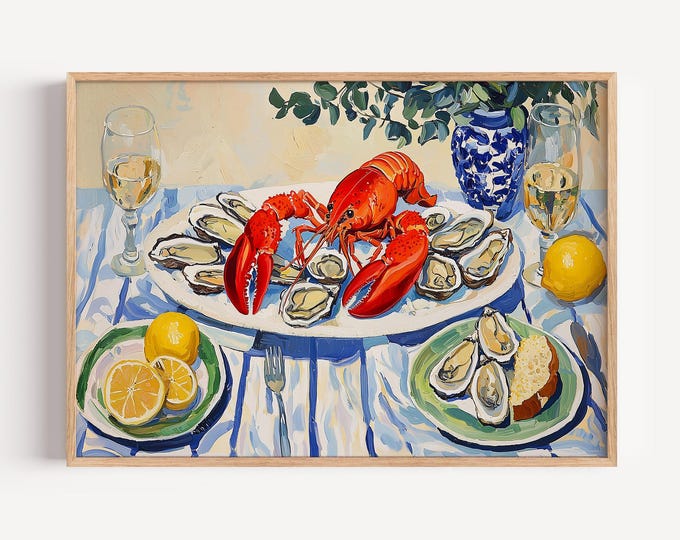 Lobster and Oysters Wall Art Print, Mediterranean Seafood Kitchen Canvas, Coastal Dining Room Framed Wall Art, Italian Summer Decor