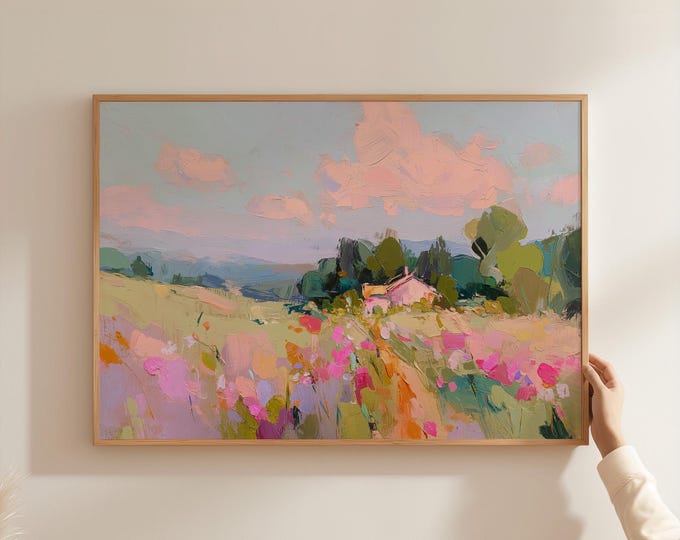 Pastel Landscape Wall Art Print, Colorful Abstract Oil Painting Print, French Country Cottage Decor, Spring Meadow Art, Floral Field Artwork