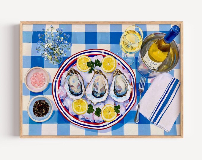 French Oyster Wall Art Print, Coastal Kitchen Decor, Blue Check Table Painting, Seafood Canvas Art, Coastal Dining Room Wall Decor