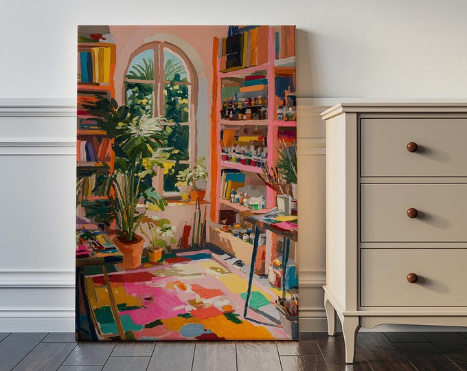 Impressionist Bookshelf Art, Textured Impasto Print, Sunlit Room with Plant Canvas, Colorful Eclectic Decor, Cozy Interior Wall Art