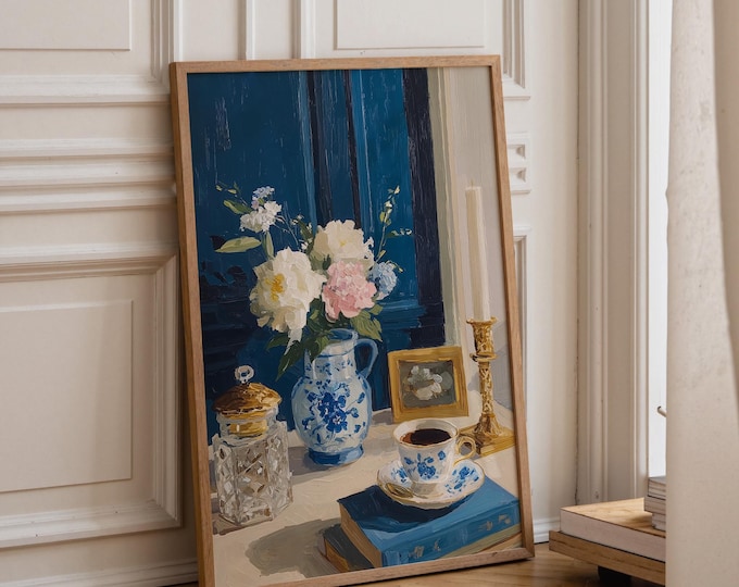 Chinoiserie Floral Still Life Oil Painting Print, Blue and White Vase Wall Art, Grandmillennial Preppy Decor, Framed Canvas