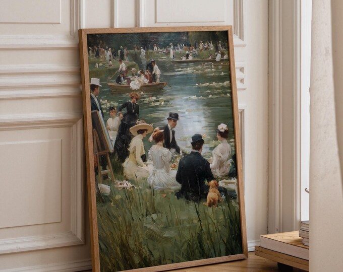 Vintage River Picnic Wall Art, Impressionist Garden Party Painting, Elegant Lakeside Gathering Print, French Country Decor