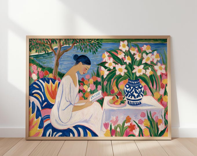 Floral Woman Wall Art Print, Colorful Garden Painting, Cottagecore Wall Decor, Spring Flower Art, Feminine Portrait, Vintage Garden Decor