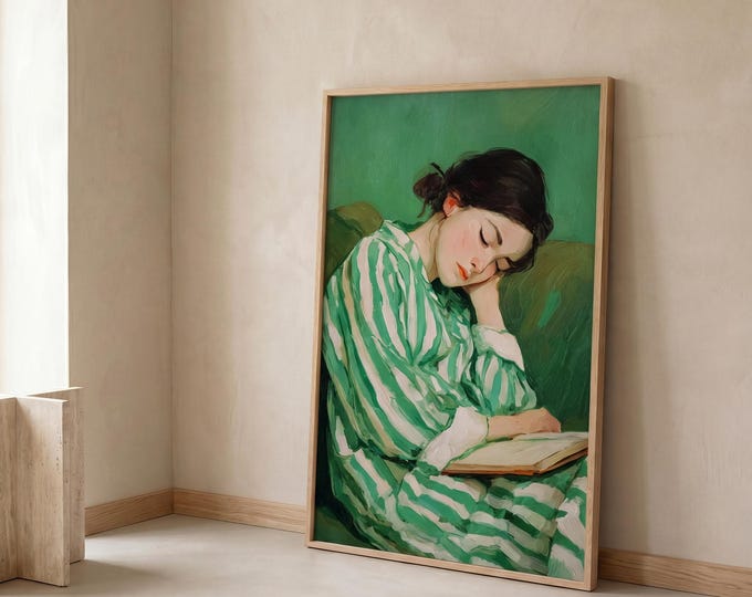 Green Oil Painting Print, Woman Reading Art, Vintage Style Wall Art, Cozy Aesthetic Canvas, Bedroom Decor, Soft Feminine Wall Decor