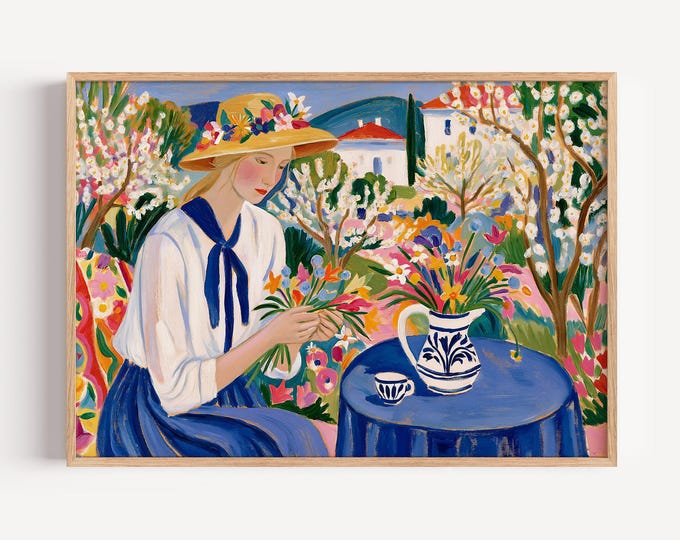 Floral Woman Wall Art Print, Colorful Garden Painting, Cottagecore Wall Decor, Spring Flower Art, Feminine Portrait, Vintage Garden Decor