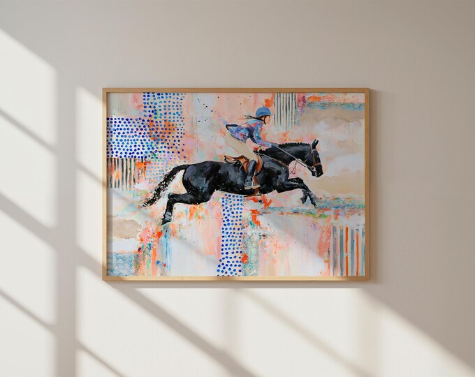 Equestrian Wall Art Print, Horse Jumping Oil Painting, Equestrian Decor, Show Jumping Art, Horse Rider Print, English Country Wall Decor